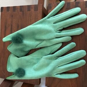NWT Jayley Green Faux Suede Gloves with Soft Faux Fur Pom Pom OS Winter Holiday